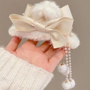 White Fur Plush Satin Bow Ribbon Hair Clip Claw W Hanging Beads Pom Poms  